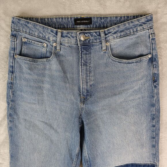 Free Assembly Jeans Womens 12 (33x30) Super High Rise Straight Patchwork Raw Hem - Picture 3 of 12